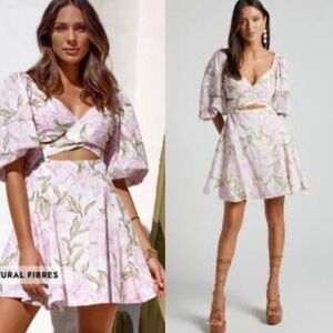 New Showpo Amalie Linen Cotton Floral Puff Sleeve Cottagecore Dress Pink 4 S